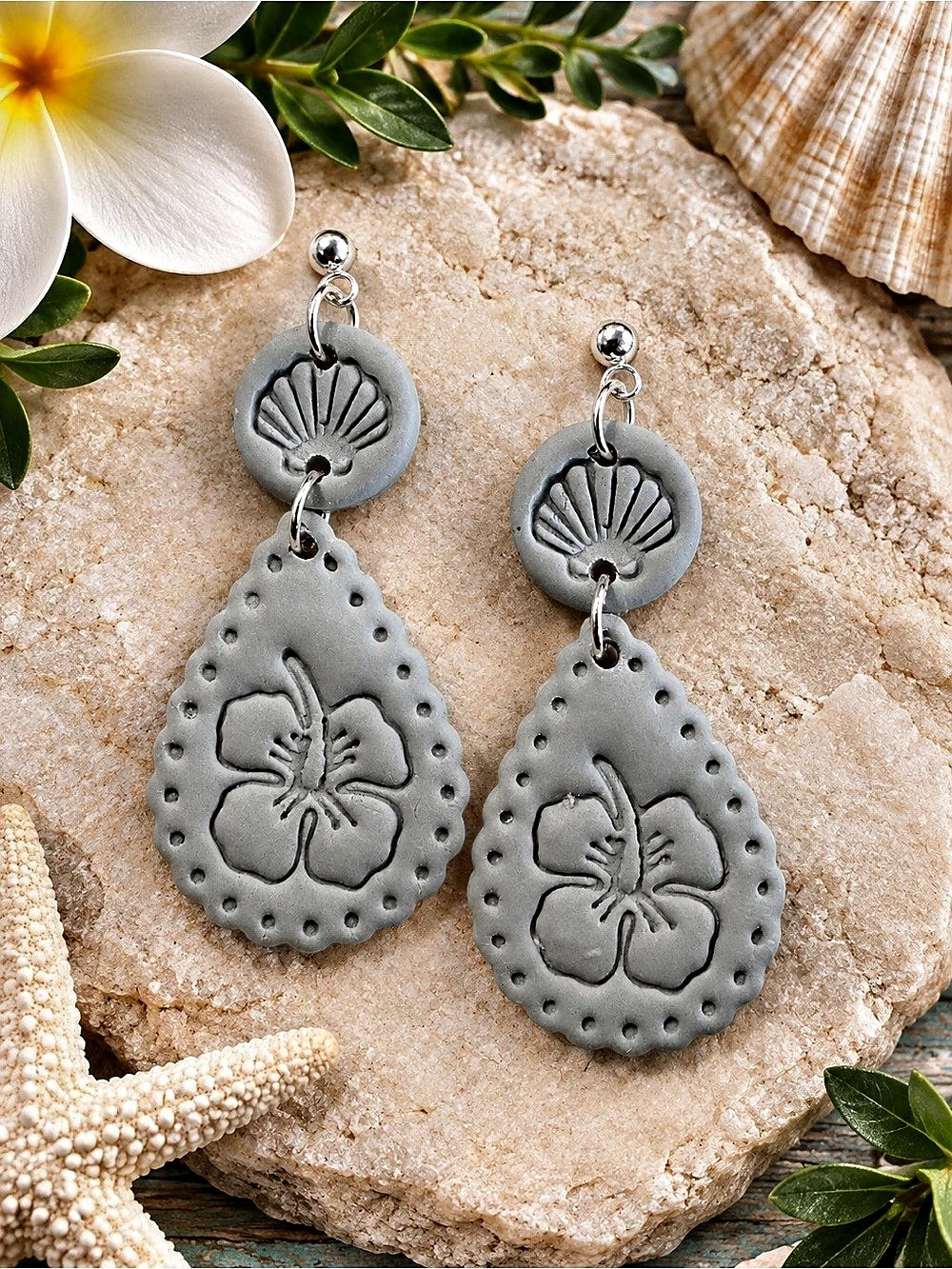 Gray Floral Drop Handmade Polymer Clay Earrings